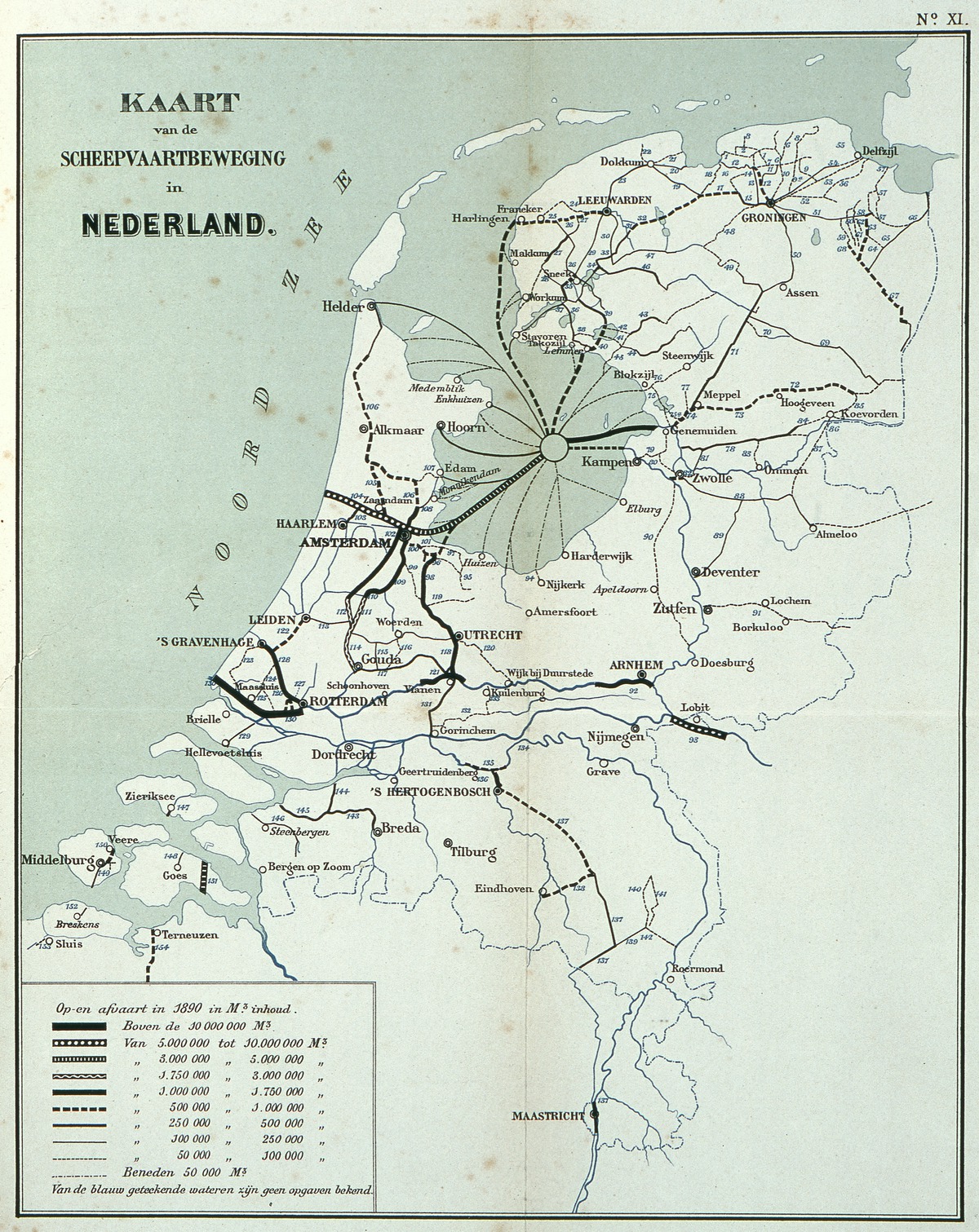 Kaart van de scheepvaartbeweging in Nederland